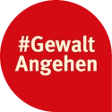 Wort-Bild-Marke der Kampagne #GewaltAngehen in heller Schrift auf rotem Untergrund